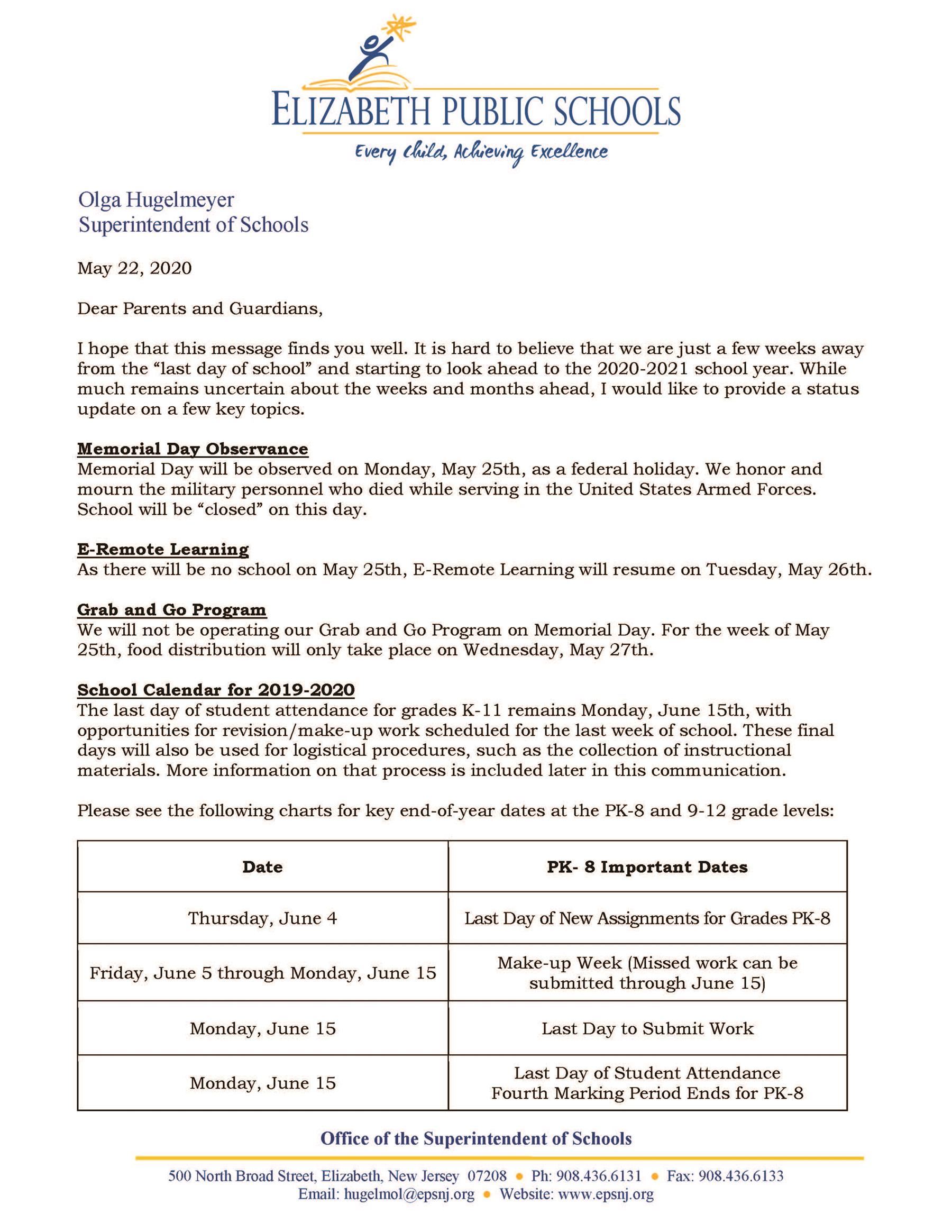 Letter to Community- Coronavirus Update- 5-22-20 